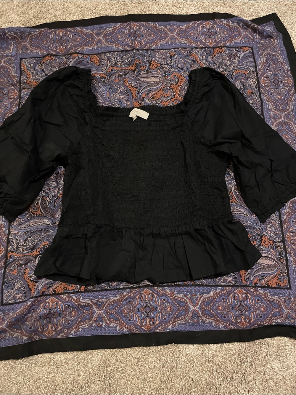 LOFT Black Smocked Peplum Puff Sleeve Blouse